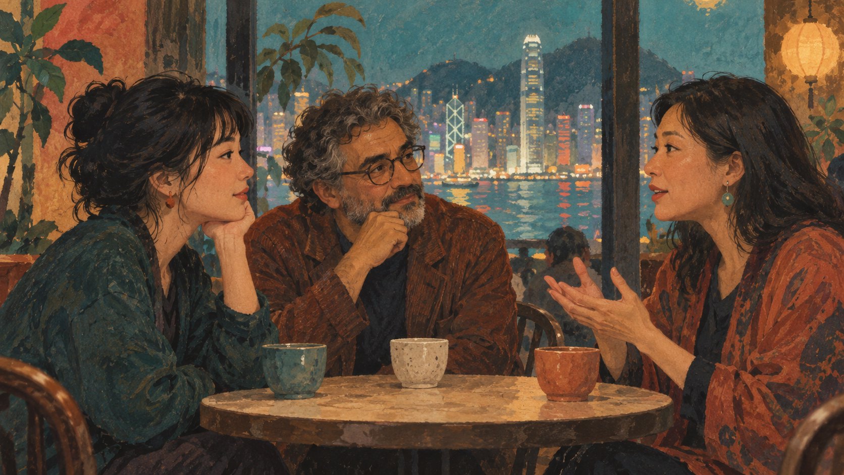 三名不同年齡的觀眾在咖啡館交流觀影感受，窗外映著城市燈光的概念插畫