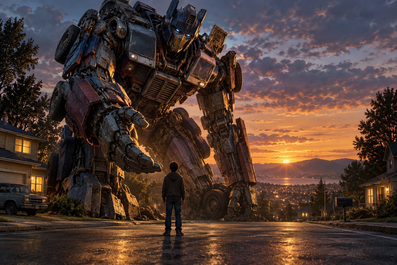 Conceptual illustration of a person facing a towering mechanical alien on a suburban street at sunset.