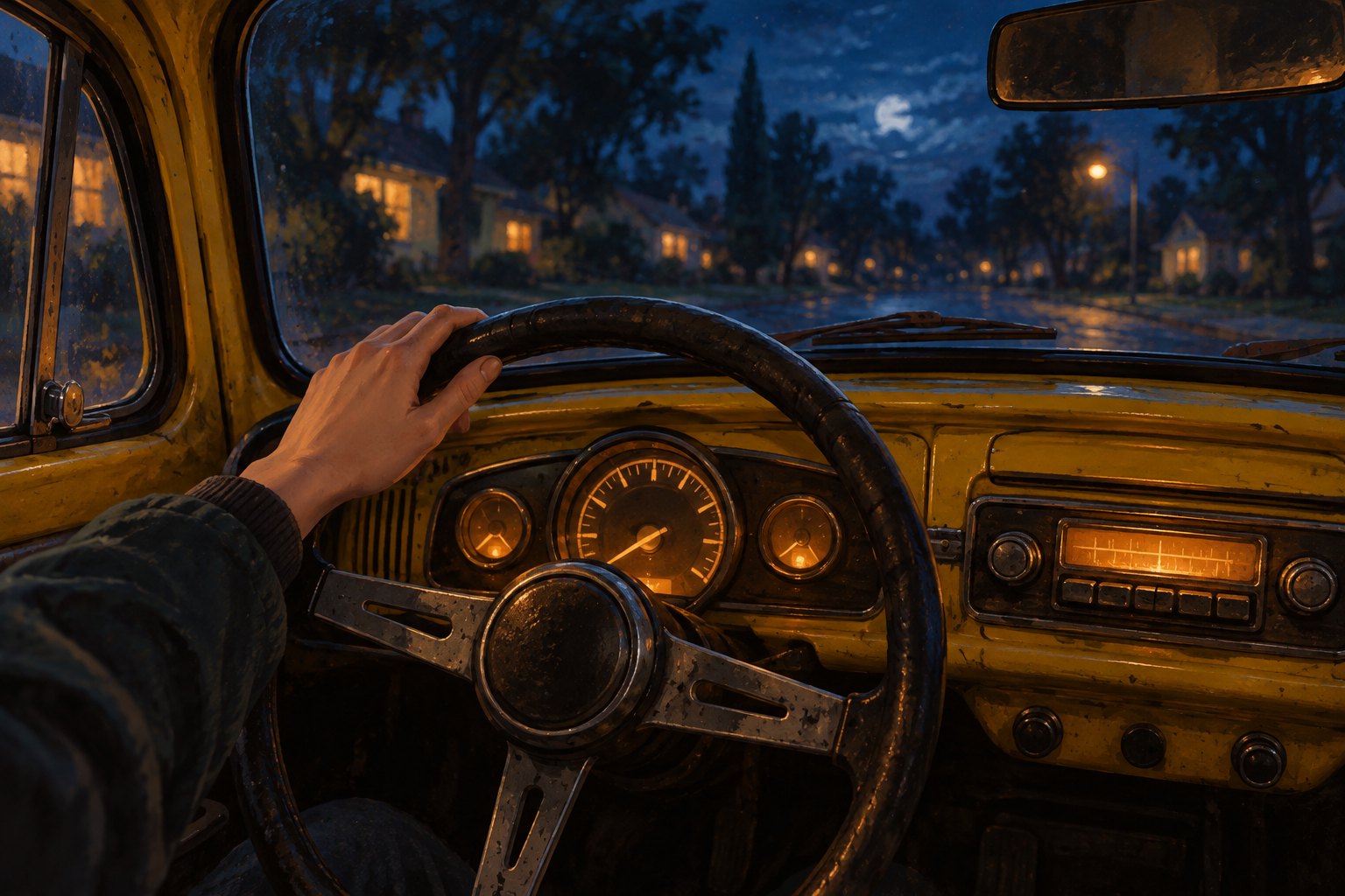 Conceptual illustration of a hand resting on a worn steering wheel inside a yellow car overlooking a suburban street at night.