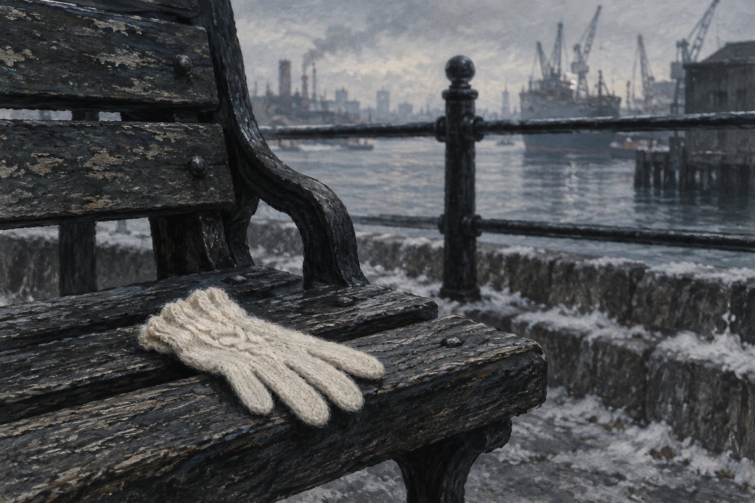 Conceptual illustration of a pale knitted glove on a weathered bench overlooking a wintry harbor.