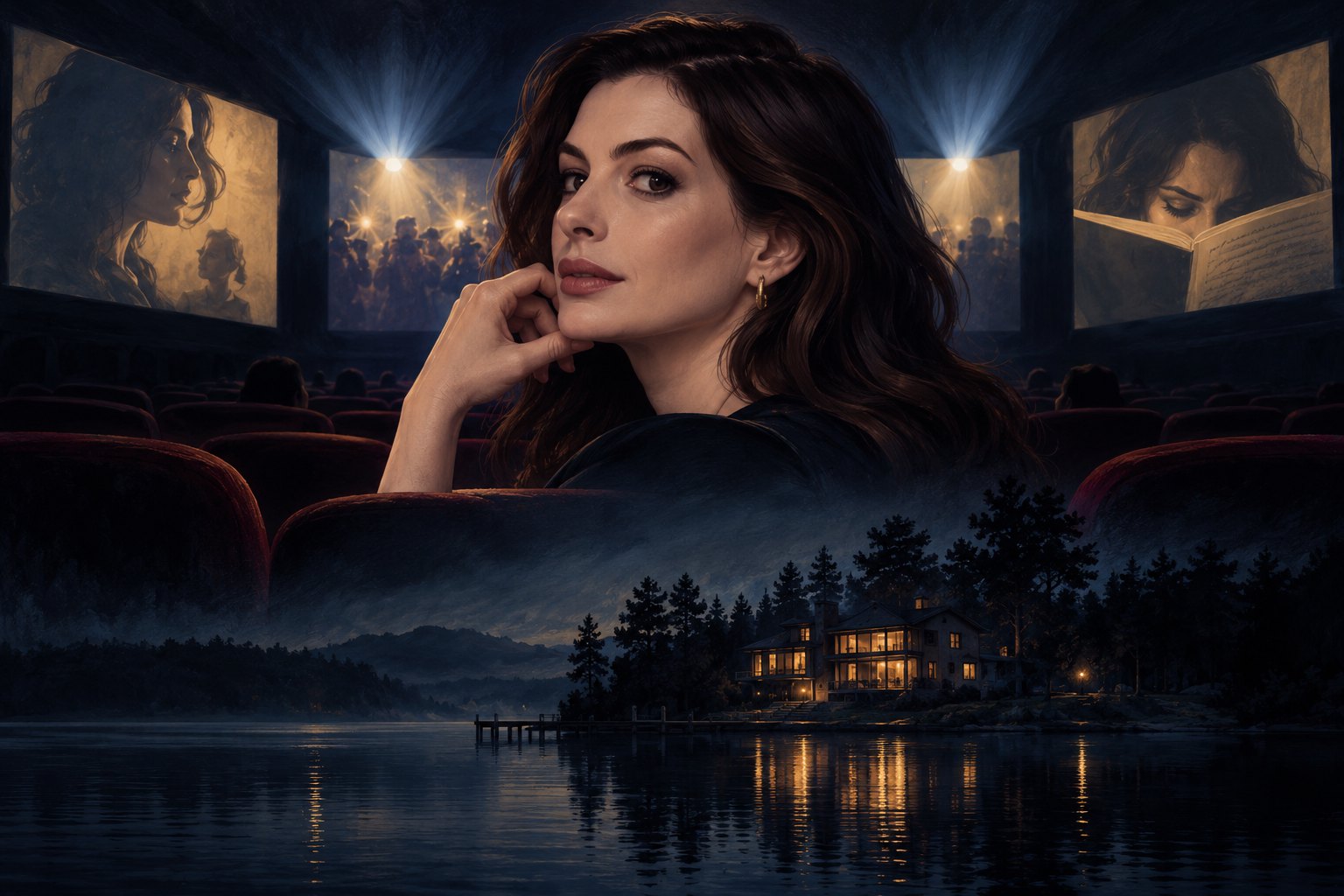 Conceptual illustration of Anne Hathaway surrounded by cinema screens above a shadowy lakeside house.