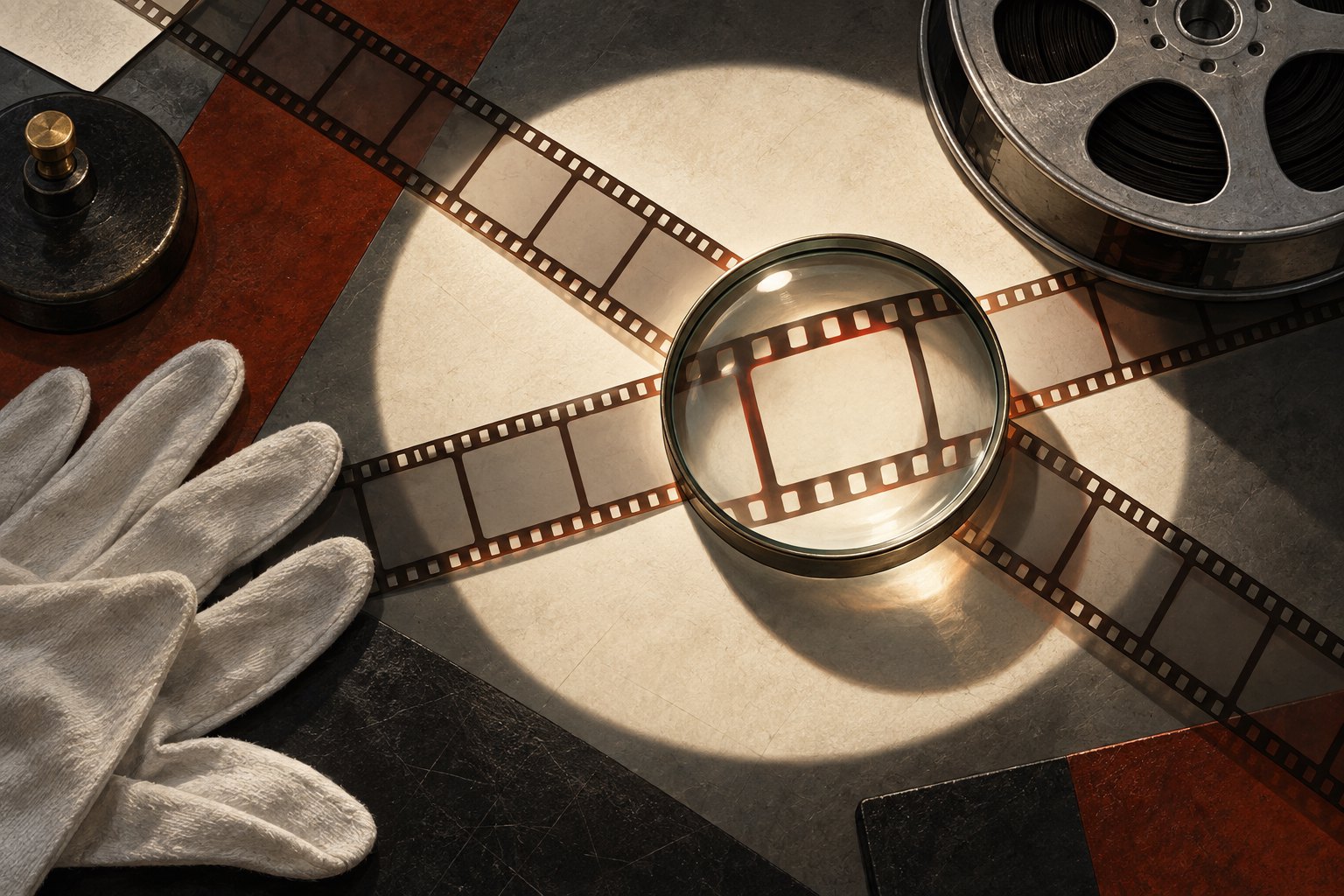 Conceptual illustration of a magnifying lens over blank film strips beside a metal reel and white gloves on an editing table.