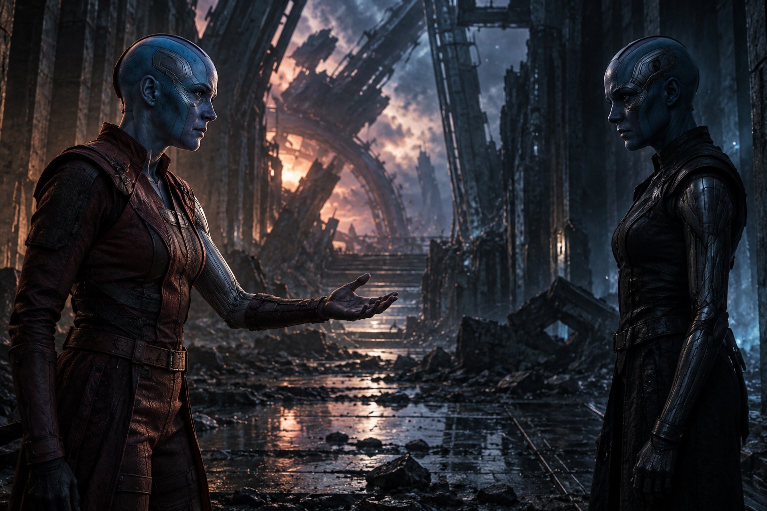 An original illustration of two versions of Nebula facing each other in a ruined corridor, one extending an open hand.