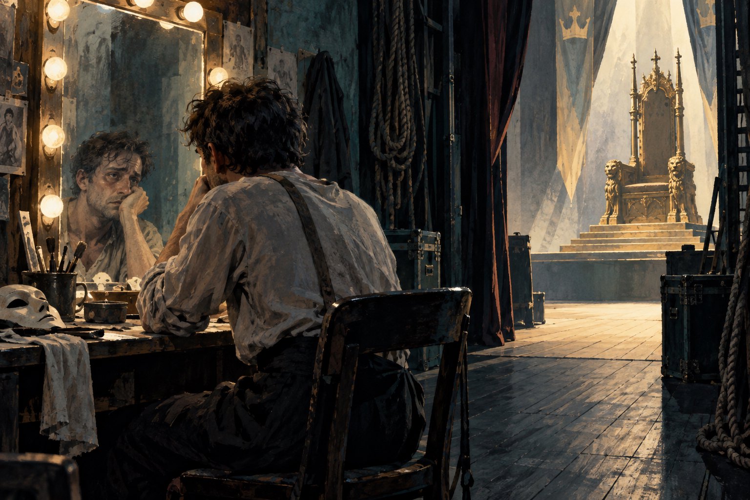 Conceptual illustration of a weary actor at a backstage mirror beside a brightly lit stage with an empty golden throne.
