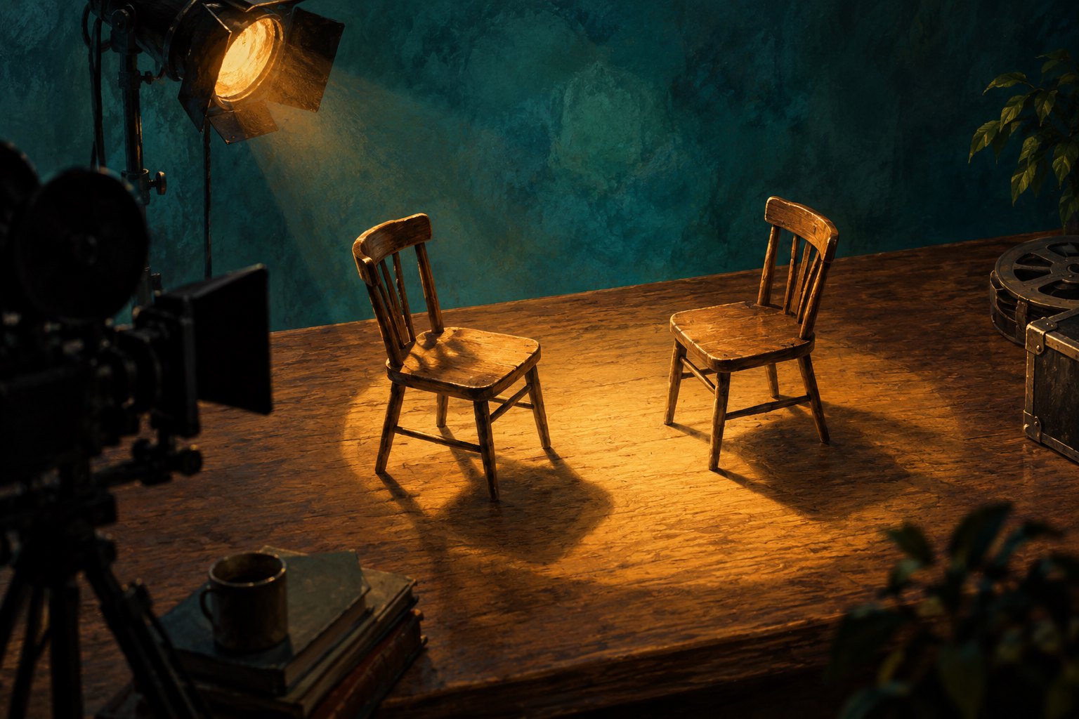 Conceptual illustration of two empty wooden chairs under a warm spotlight on a miniature film set, with a camera in the foreground.