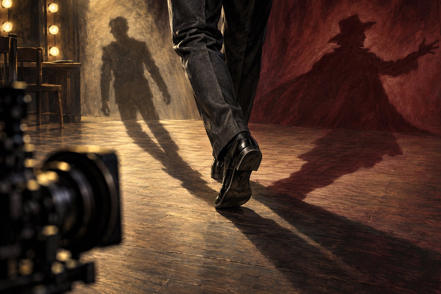 Conceptual illustration of a performer mid-step on a rehearsal stage, with contrasting shadows and a camera in the foreground.