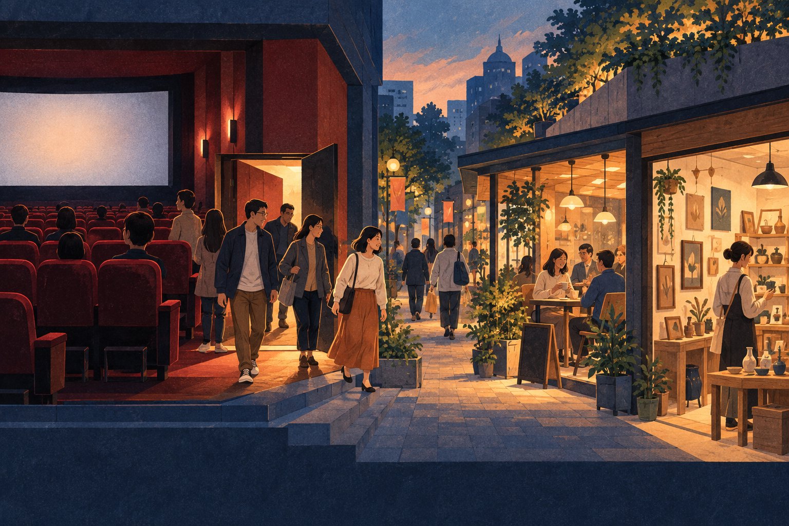 影院与咖啡馆、手工艺展示空间相连,观众走向街区的原创概念插画