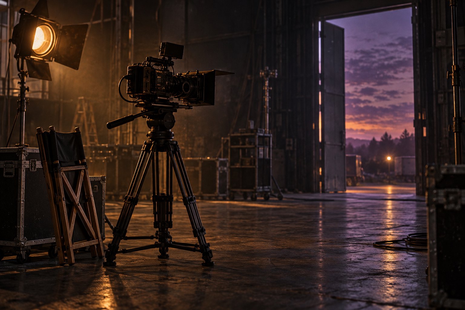 Conceptual illustration of a cinema camera and folded chair on an empty soundstage at twilight.