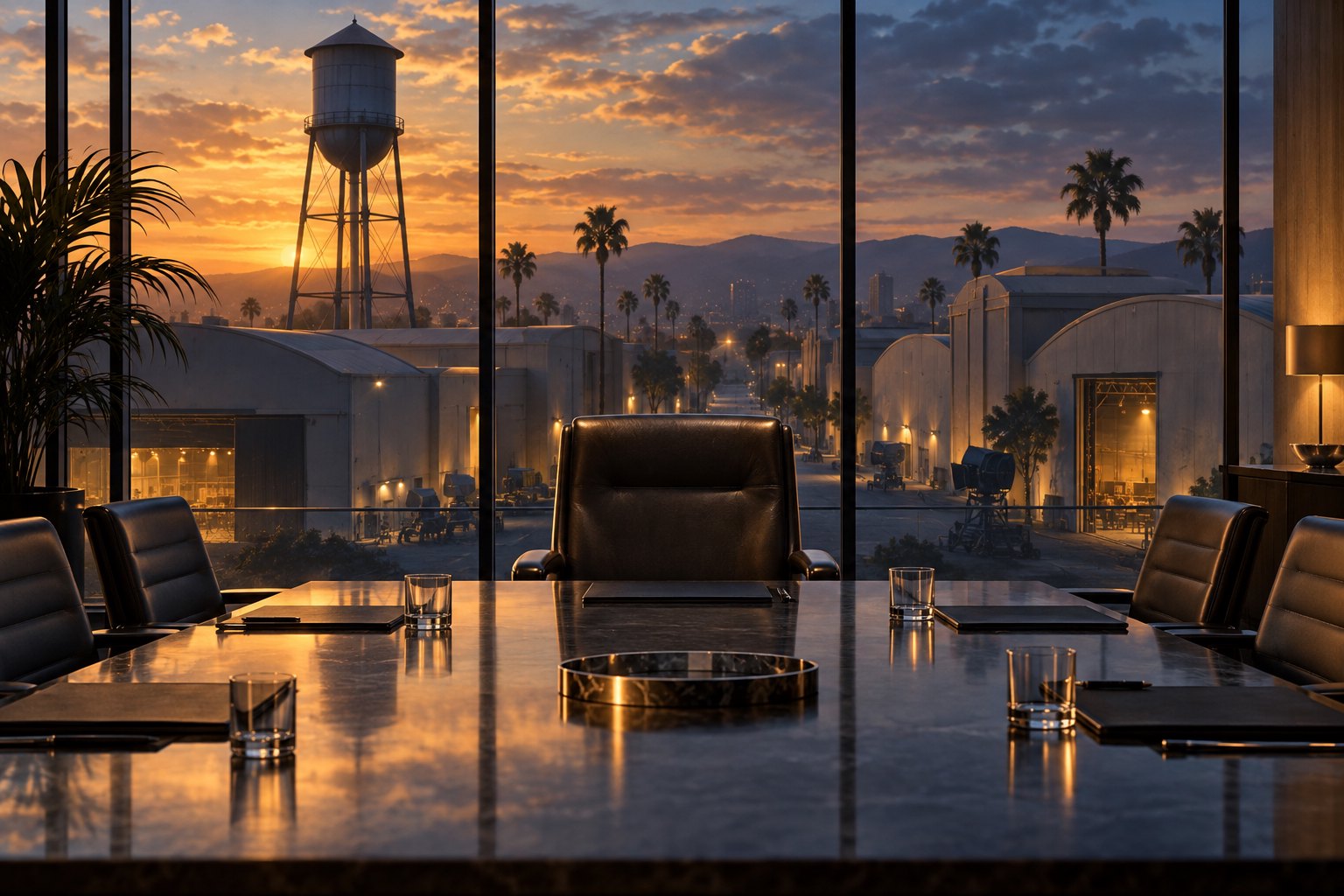 Conceptual illustration of an empty executive boardroom overlooking a fictional movie studio and water tower at sunset.