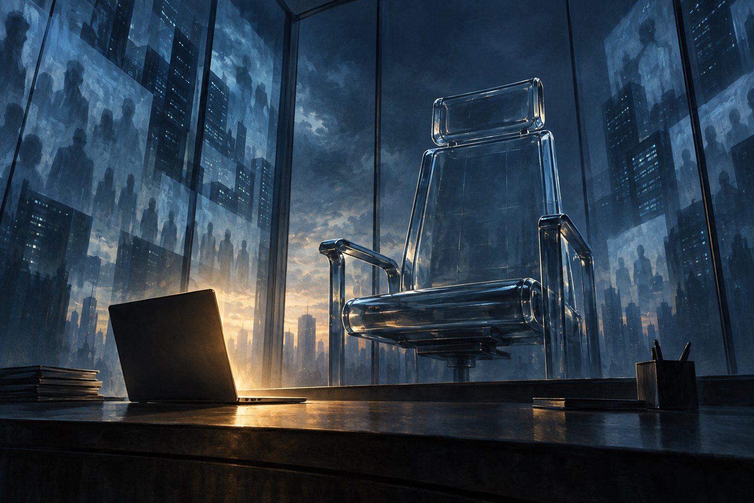 Conceptual illustration of an empty glass executive chair towering behind a laptop in a blue-lit office.