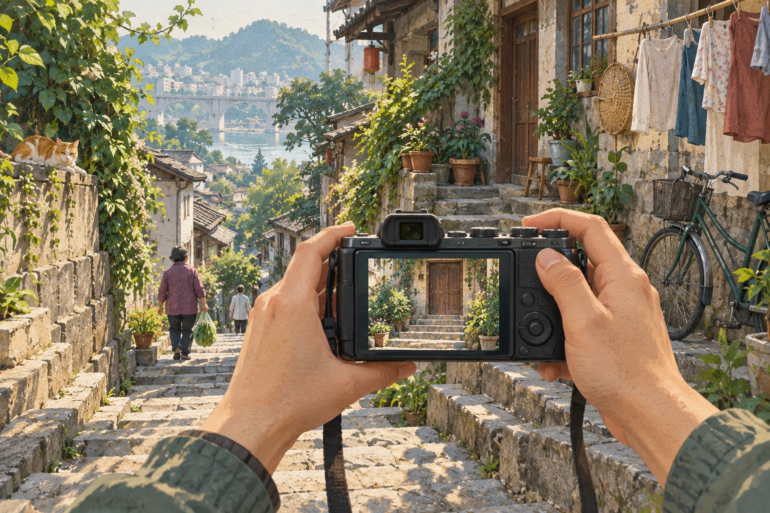 原创插画:旅行者用相机框取石阶木门,镜头之外是居民与街巷日常