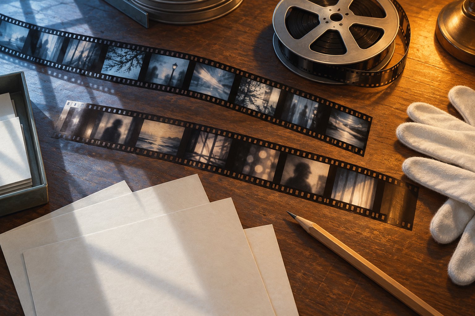 Conceptual illustration of film strips, blank papers, a pencil, cotton gloves, and a reel arranged on a film editor’s wooden workbench.