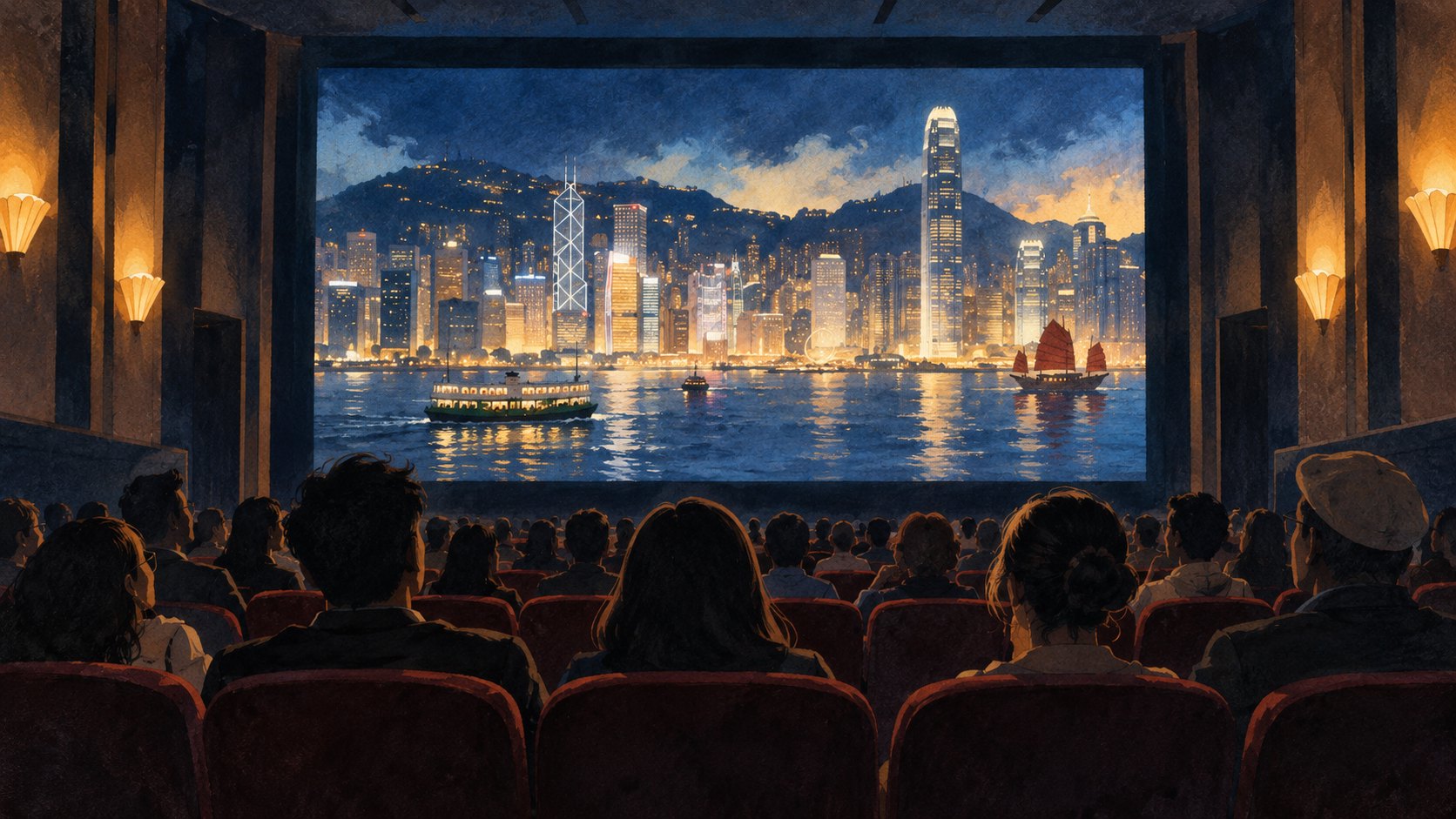 觀眾坐在戲院中凝望銀幕上的香港海港意象，呈現跨地域觀影主題的概念插畫