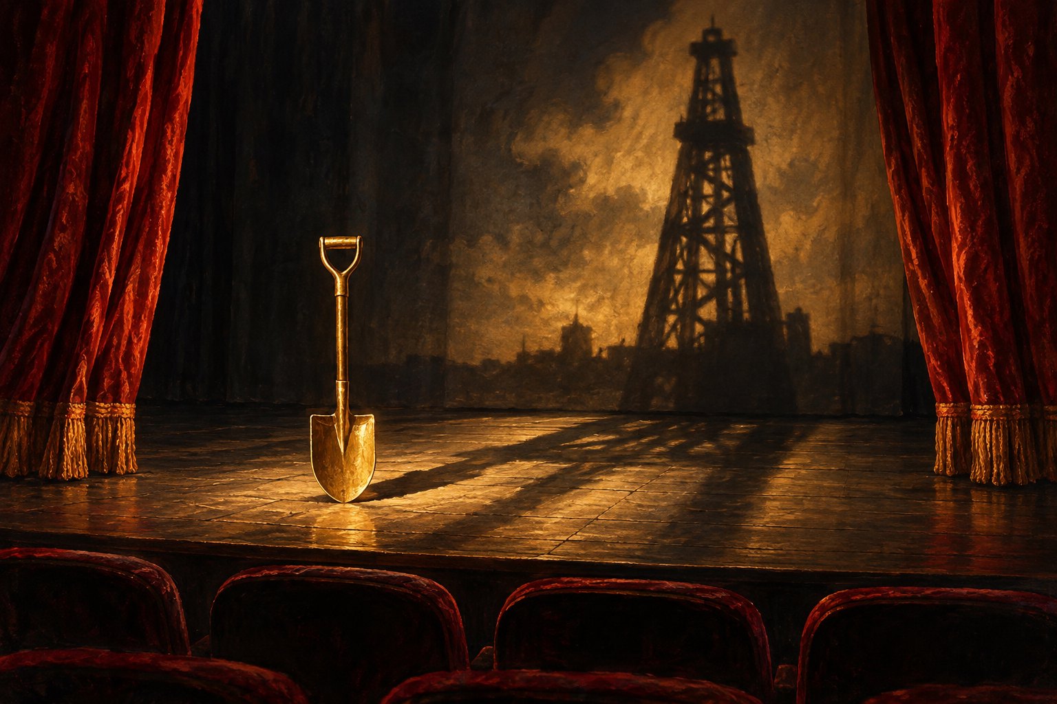 Conceptual illustration of a golden shovel on a theater stage beneath the looming shadow of an oil derrick.