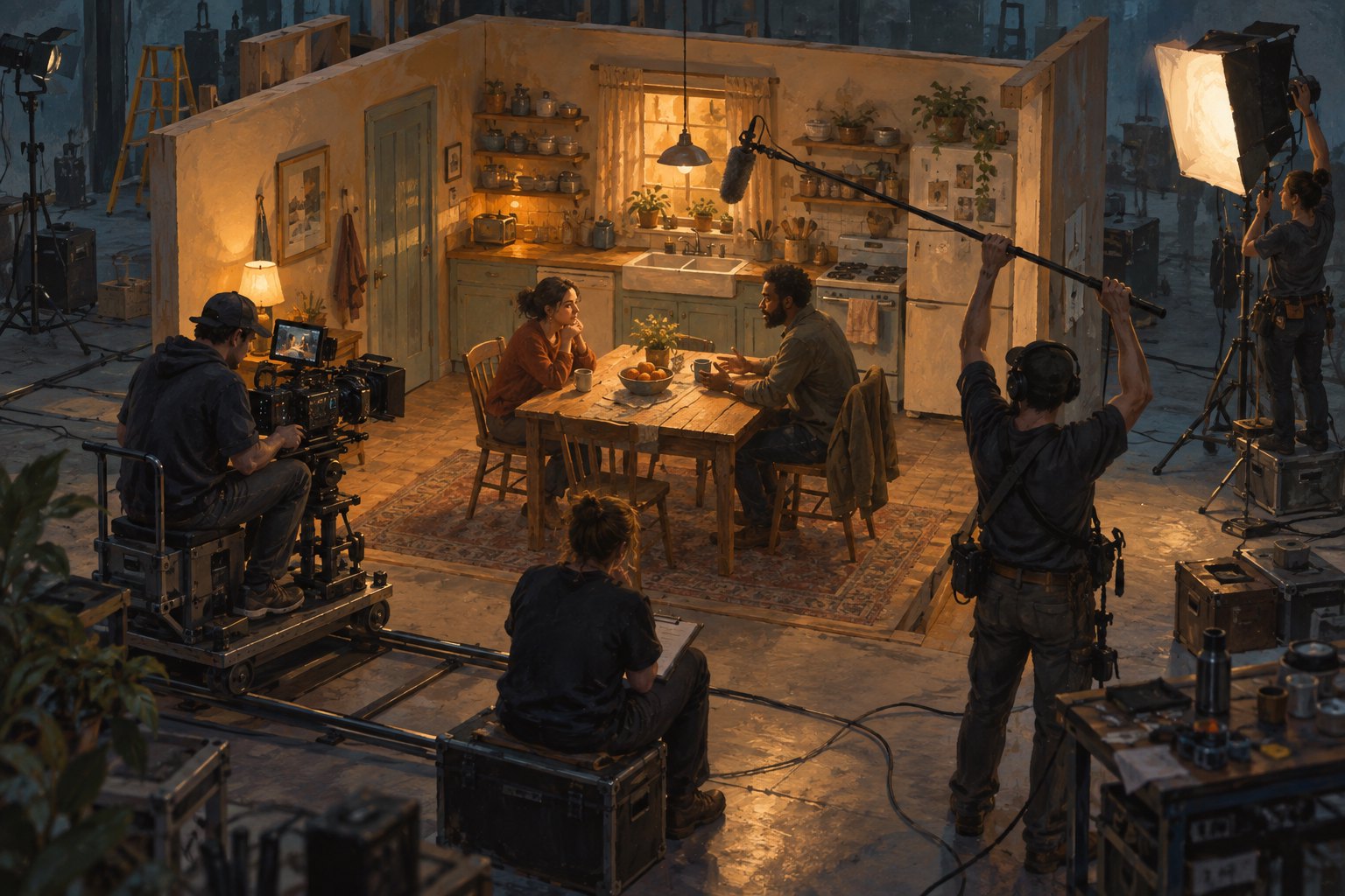 Conceptual illustration of a film crew preparing a kitchen-table scene with two performers, a camera, and a boom microphone.