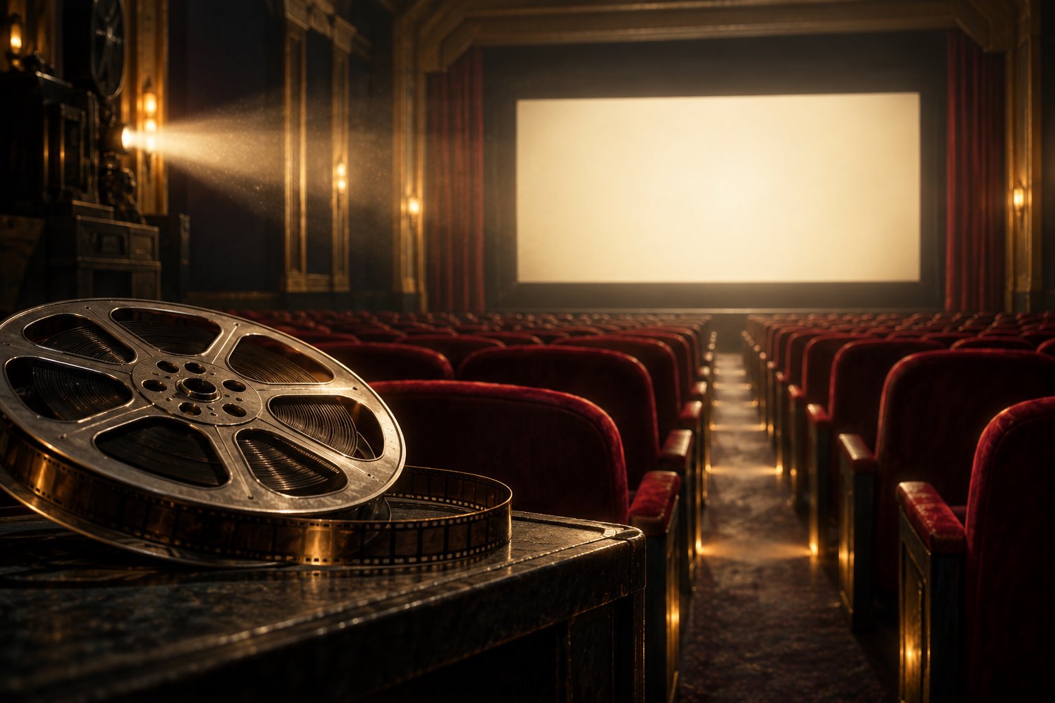 Conceptual illustration of a film reel before empty red cinema seats and a glowing blank screen.