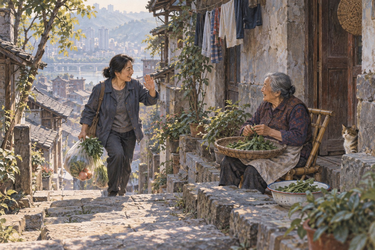 山城石阶旁买菜归来的居民与门口择菜老人打招呼的主题插画,非电影剧照