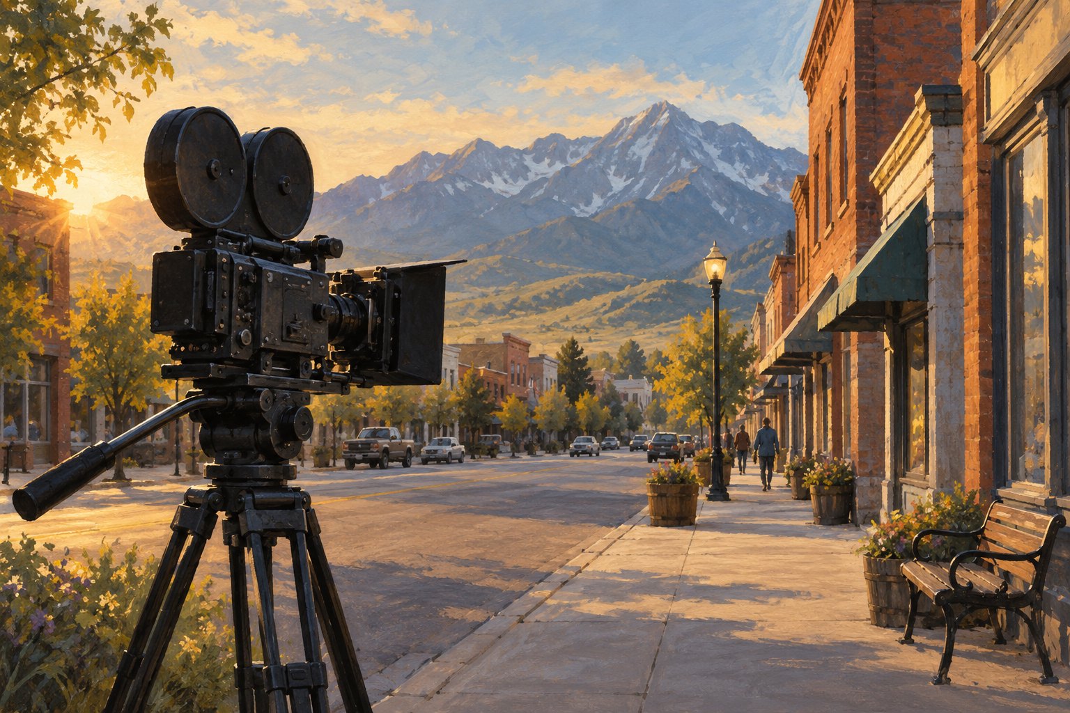 Conceptual illustration of a movie camera overlooking a brick-lined mountain-town street in warm morning light.