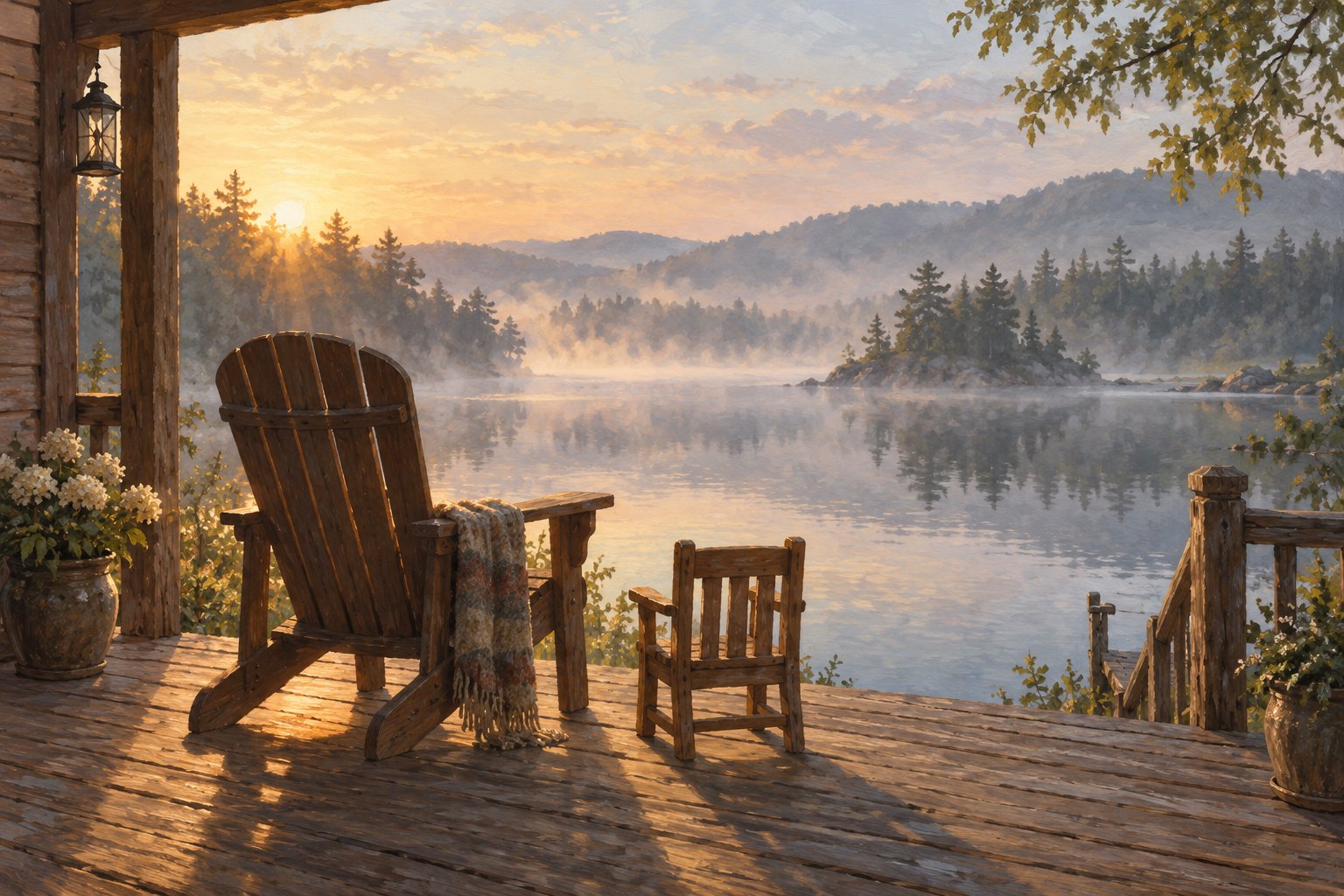 Painterly illustration of an empty adult chair and a small child's chair on a wooden porch overlooking a misty lake at sunrise.