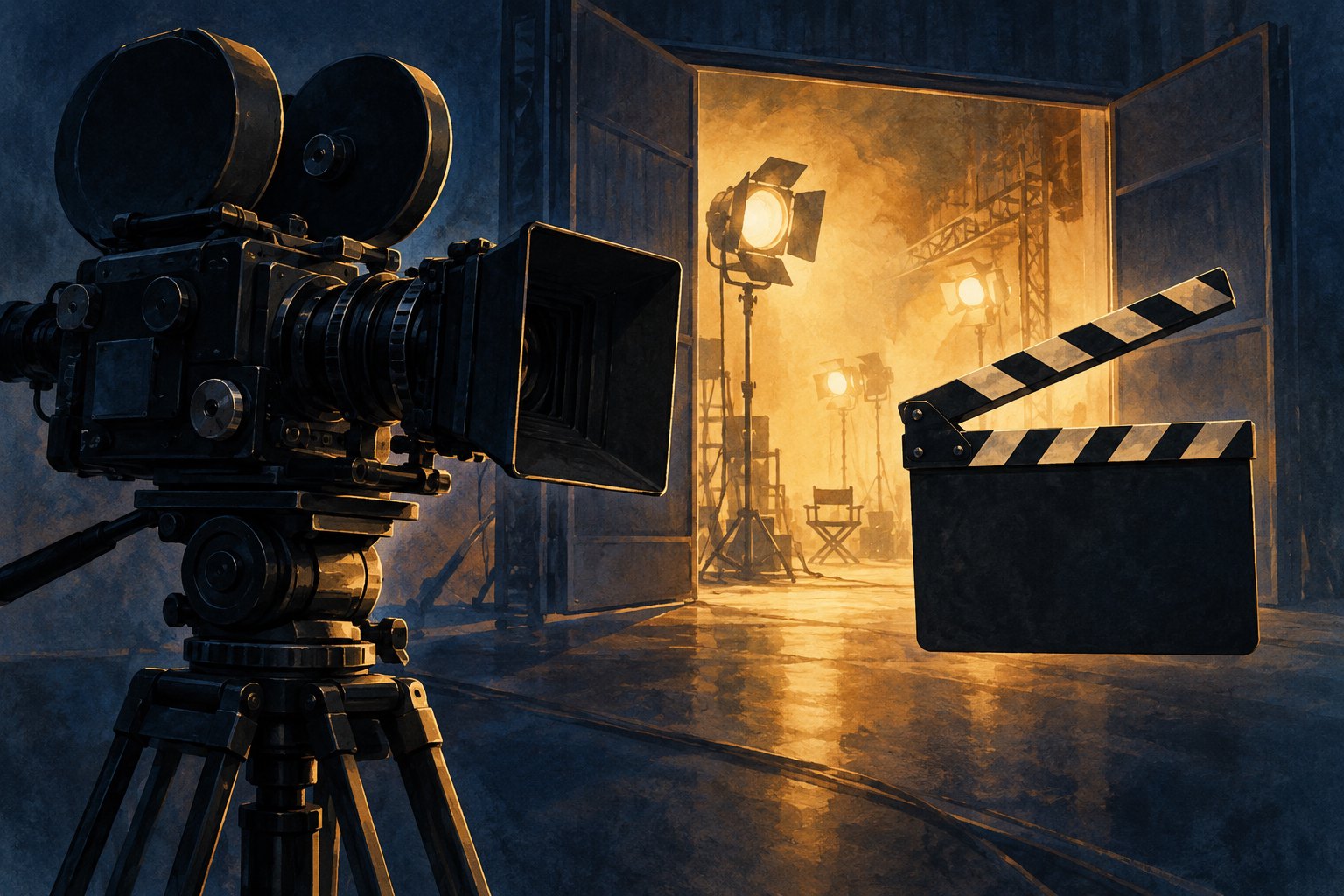 Conceptual illustration of a movie camera and blank clapperboard outside an open, warmly lit film studio.