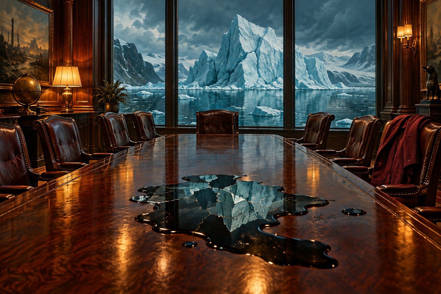 Conceptual illustration of an empty boardroom with black oil on the table and fractured ice beyond the windows.