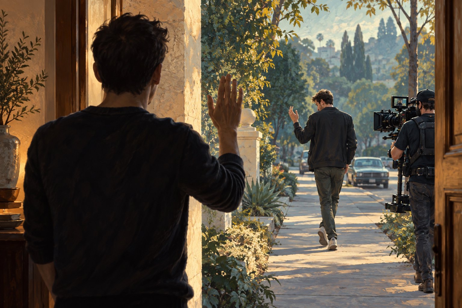 Conceptual illustration of a man waving from a doorway toward an actor and a film camera on a residential street.