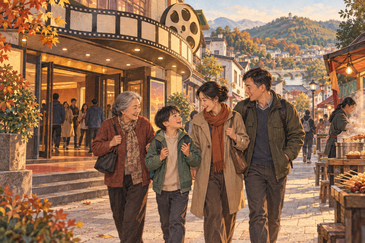 秋日县城影院外,一家三代沿街交谈漫步的主题插画