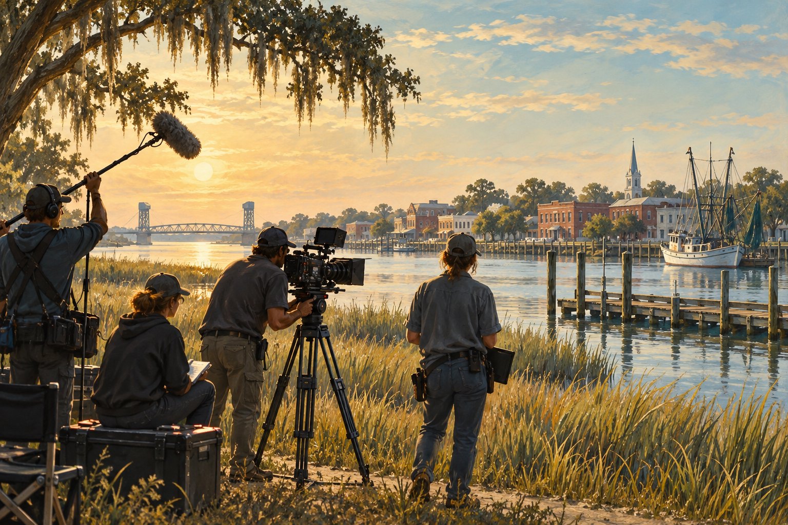 Editorial illustration of a film crew preparing a camera beside a coastal riverfront in warm morning light.