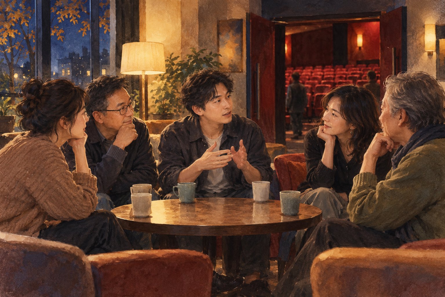 映后交流的概念插画:几位成年观众围坐影院休息区,分享各自的观影感受