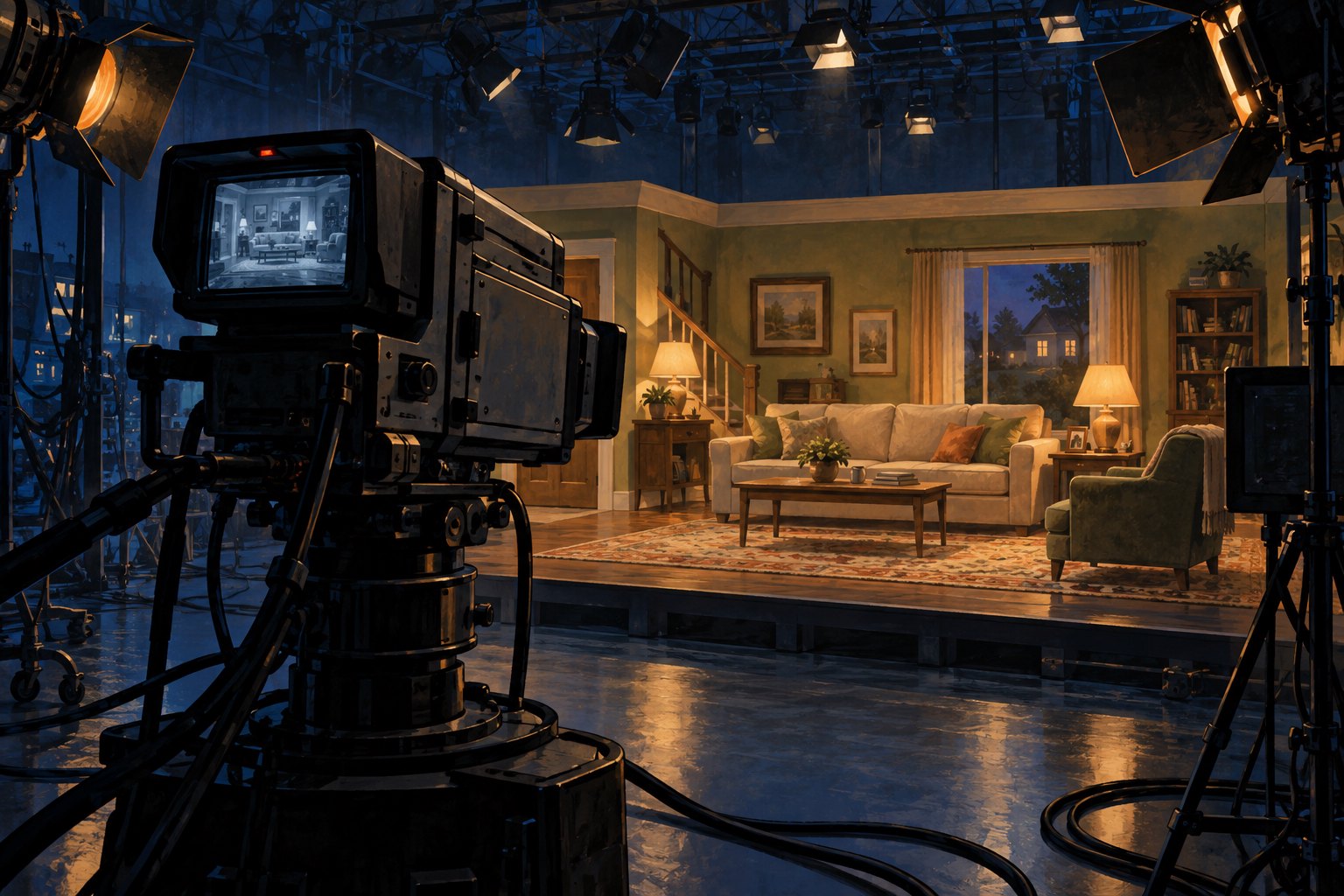Conceptual illustration of a vintage television camera facing an empty living-room set surrounded by studio lights.