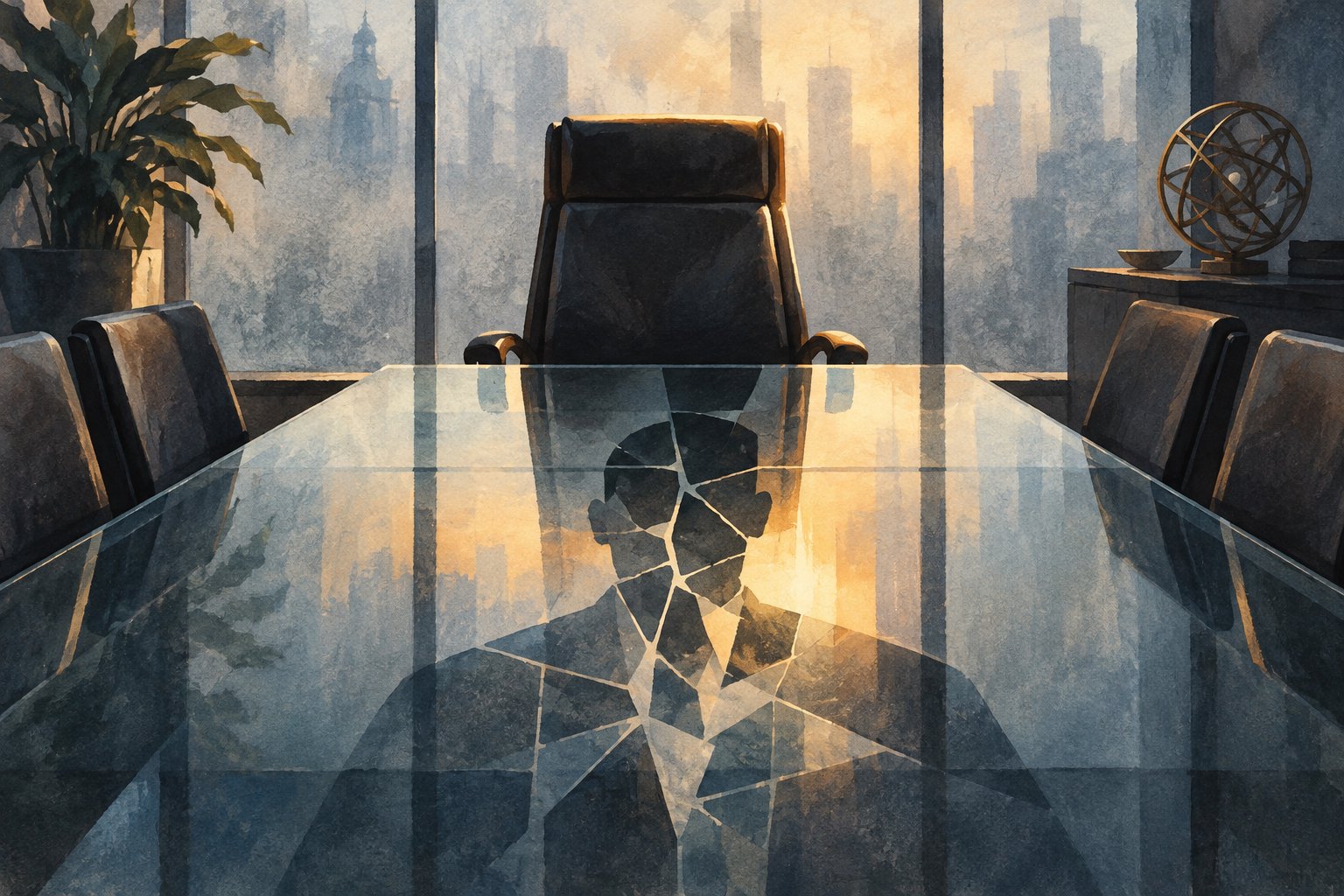 An illustrated executive chair stands behind a glass conference table reflecting a fragmented human silhouette.