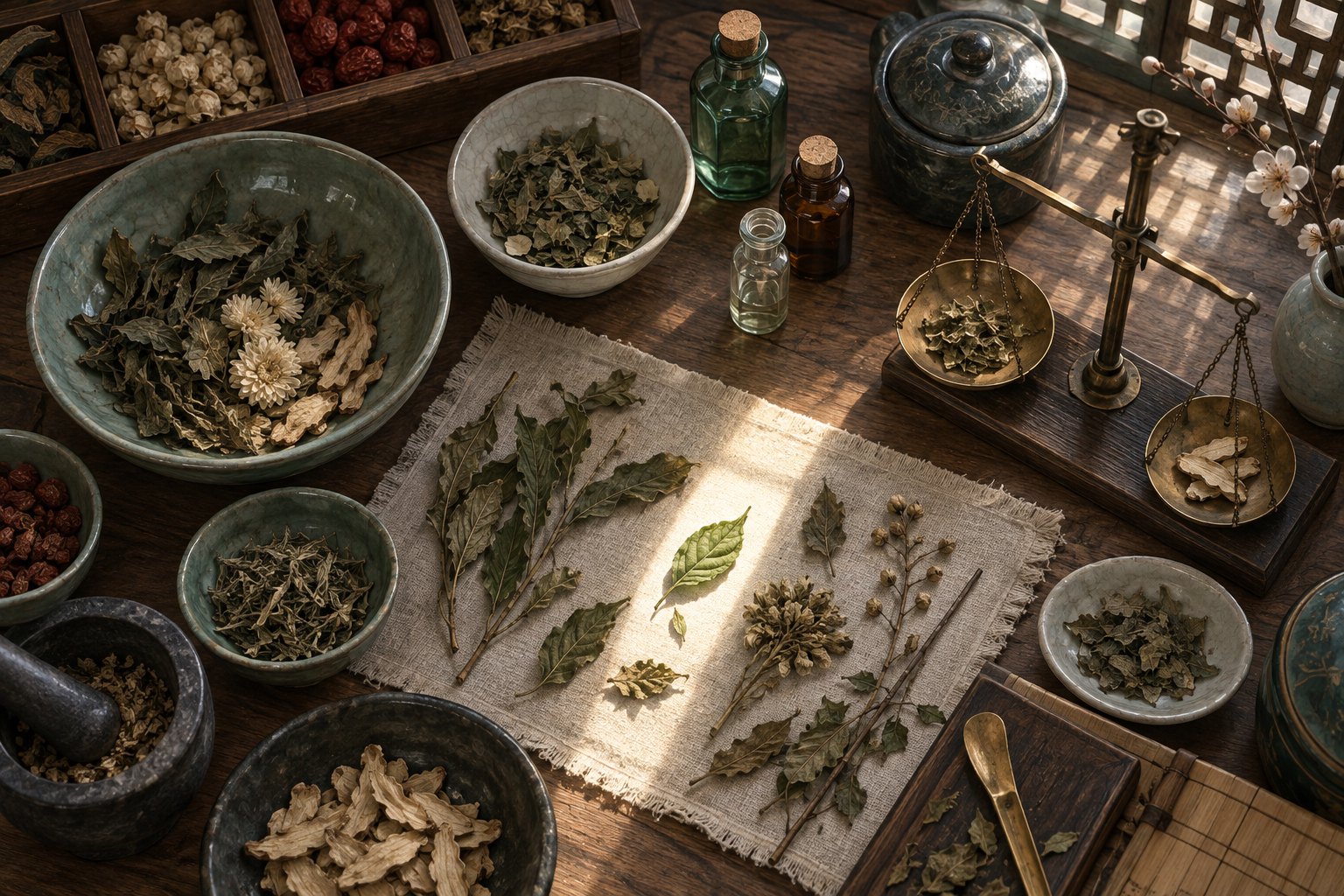 Conceptual illustration of an apothecary worktable with ceramic bowls, botanical leaves, glass bottles, and a balance scale in angled daylight.