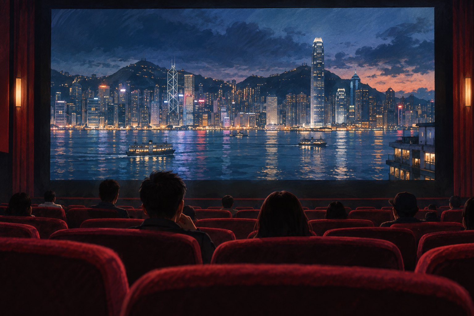 香港海港夜景映上银幕，观众坐在暗红色座椅中观看的主题插画