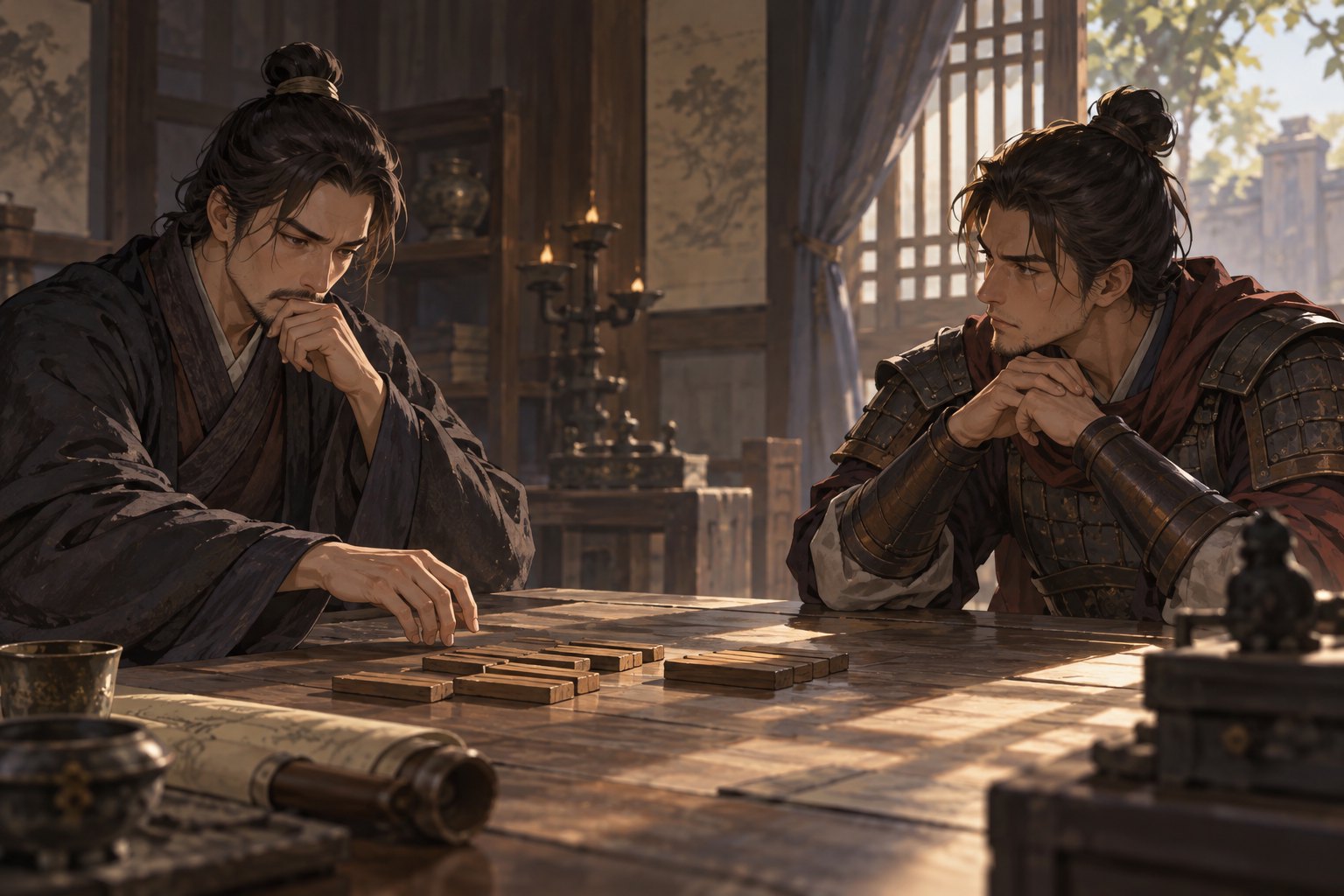 原创议题示意插画:两名古代人物隔着摆有木筹的桌案相对而坐,在明暗交界处流露犹豫与分歧,非电影剧照