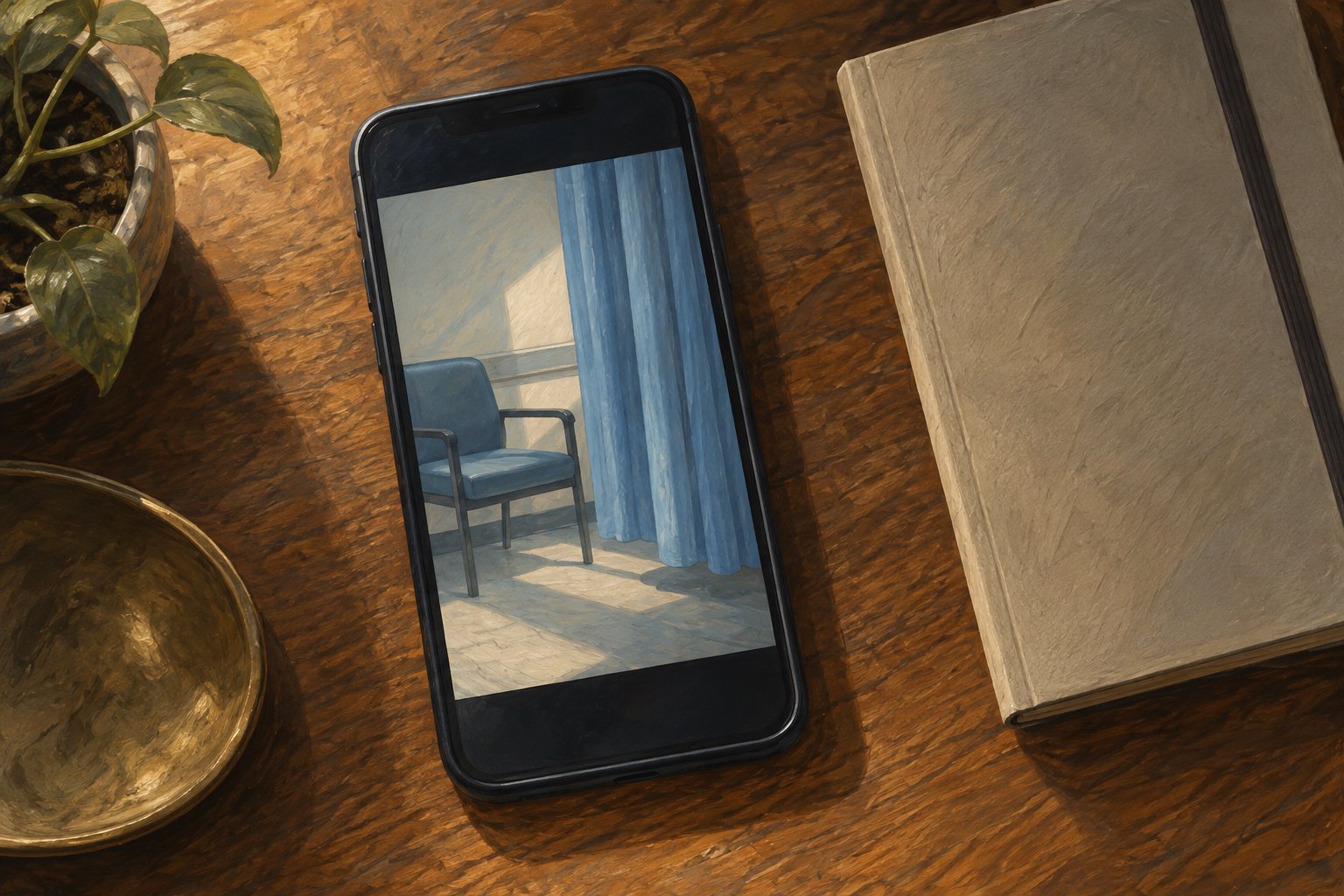 Conceptual illustration of a smartphone displaying an empty hospital chair and curtain beside a closed notebook on a wooden table.