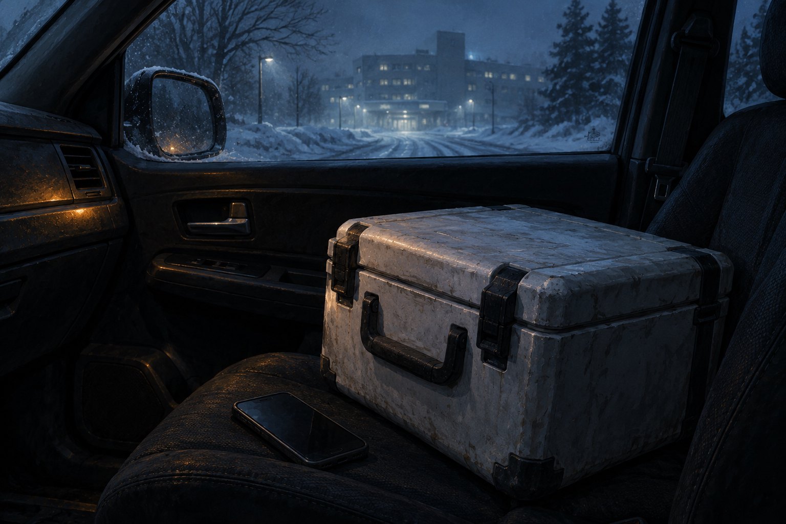 Concept illustration of a medical courier case and phone on a car seat beside a snowy road leading toward a hospital.