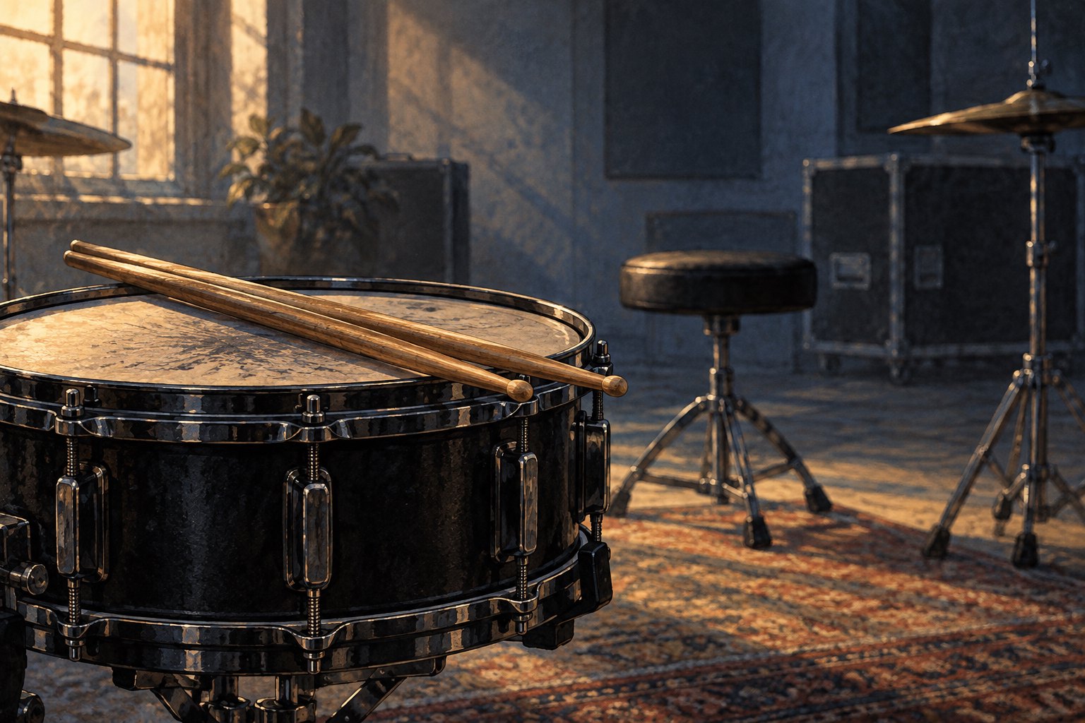Illustration of wooden drumsticks resting on a black snare drum beside an empty stool in a softly lit rehearsal room.