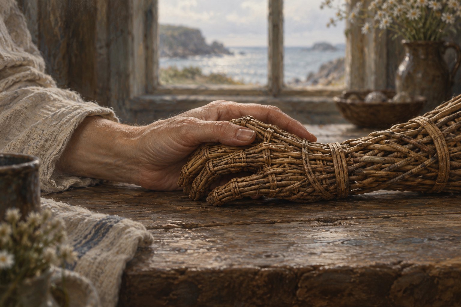 Conceptual illustration of a woman's hand resting gently on a woven willow hand beside a seaside cottage window.