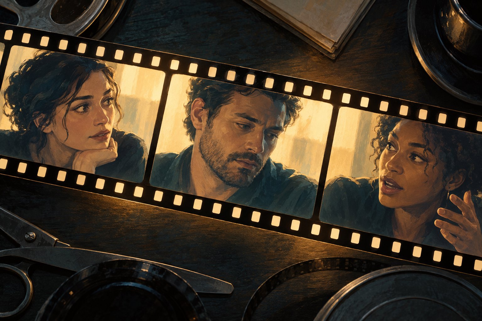 Conceptual illustration of an illuminated filmstrip showing three anonymous faces with contrasting expressions on an editing desk.