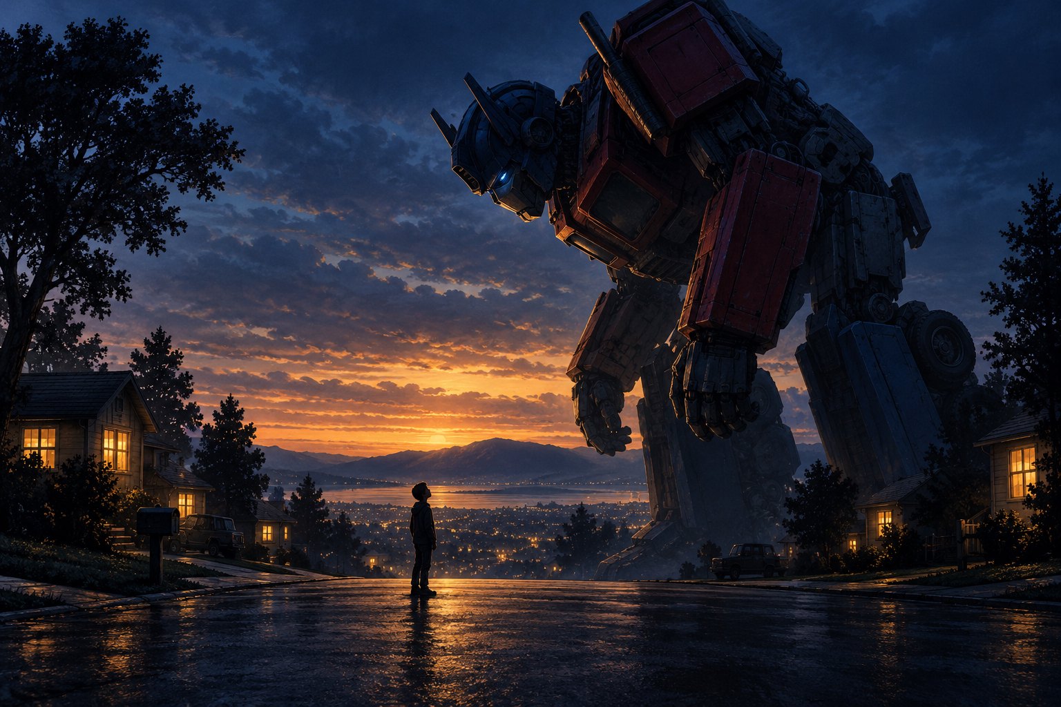 Conceptual illustration of a towering red-and-blue robot leaning toward a person on a suburban street at dusk.