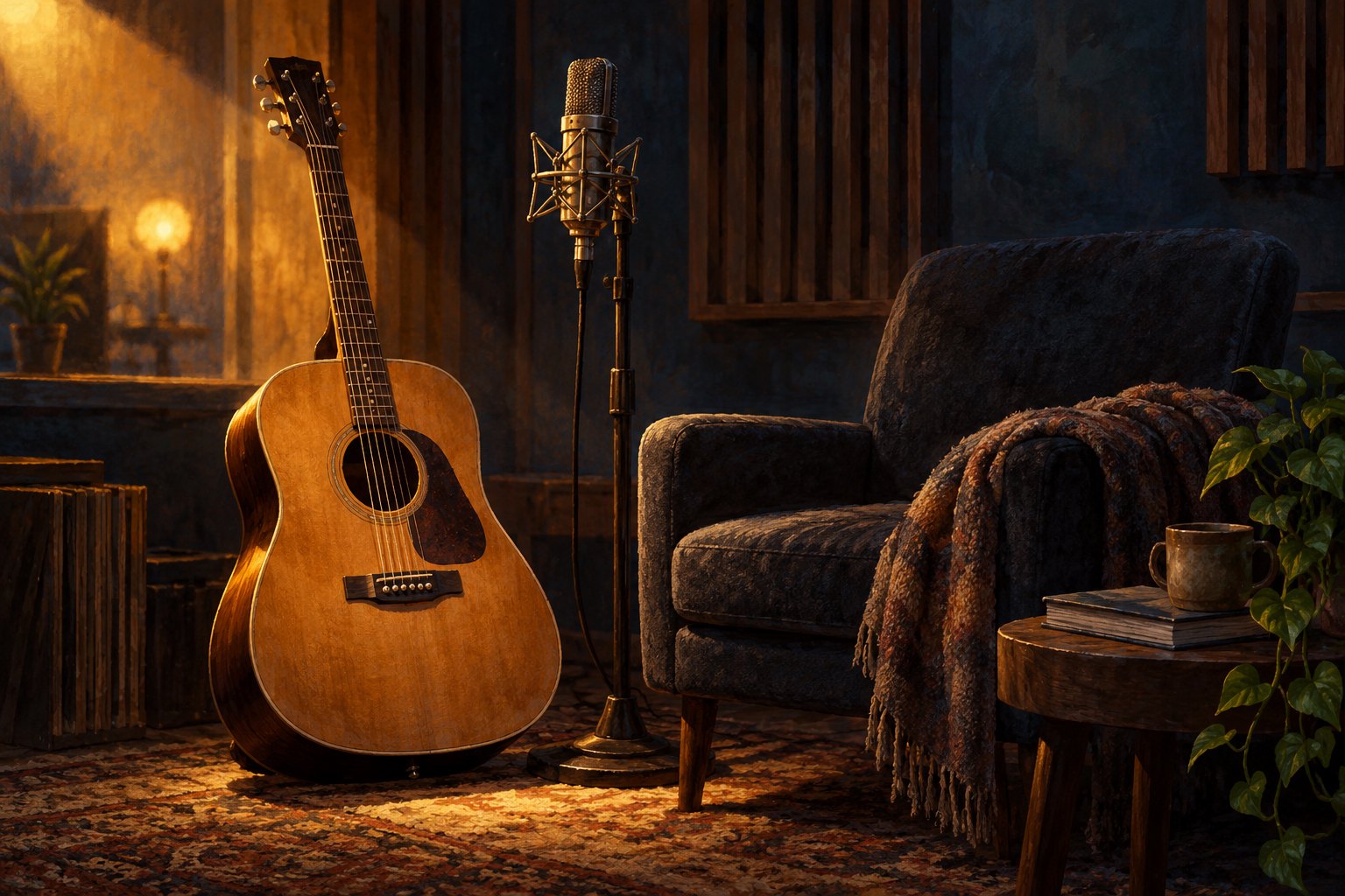 Painterly illustration of an acoustic guitar and vintage microphone beside an empty chair in a warmly lit recording room.