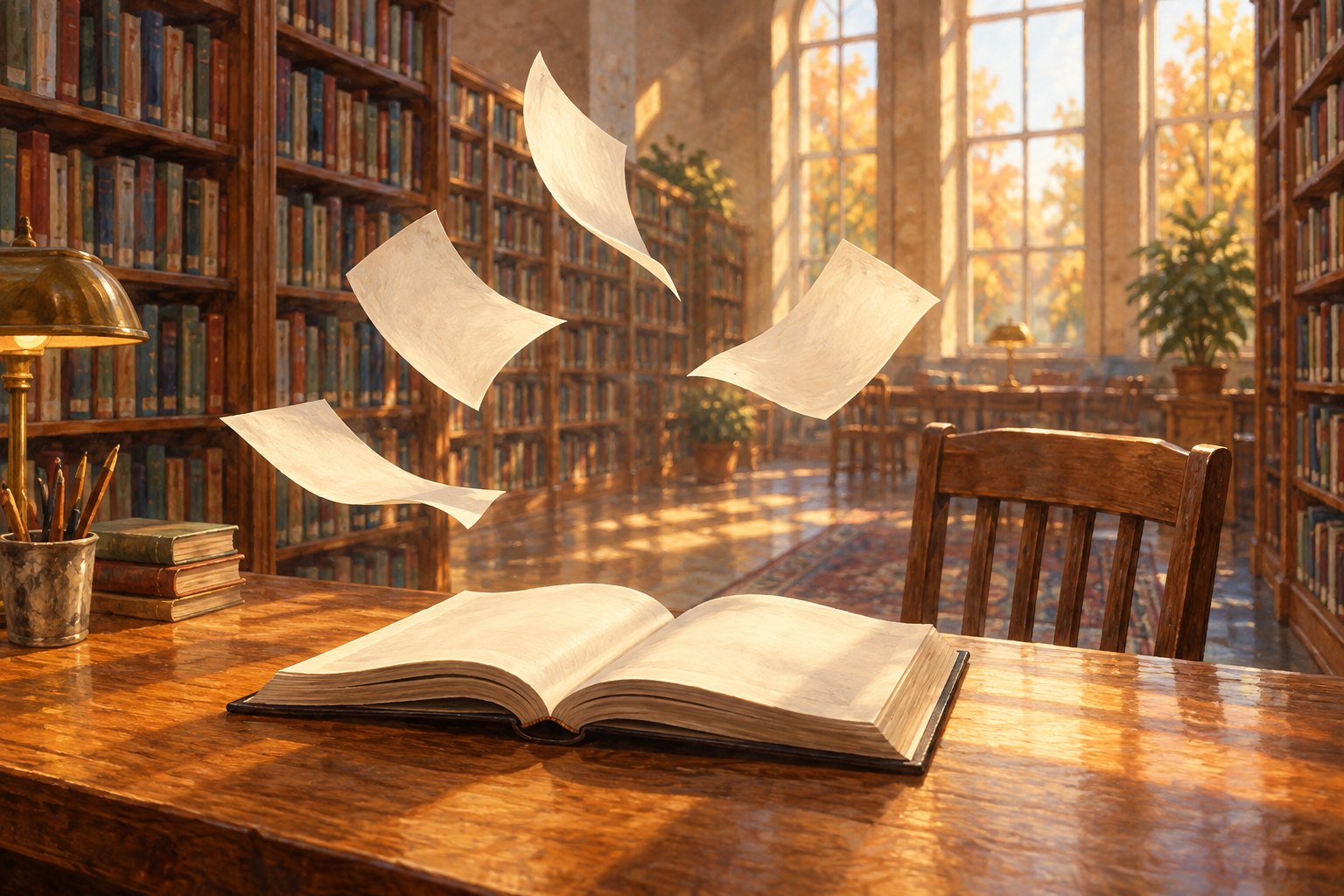 An original conceptual illustration of blank pages floating above an open book in a sunlit library.