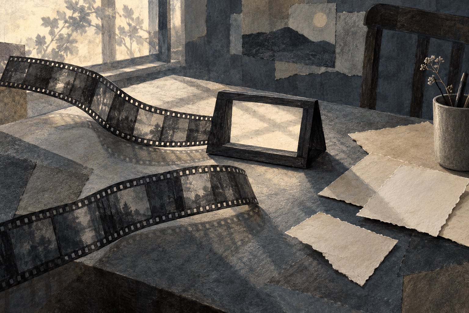 Conceptual illustration of film strips, an empty viewing frame, and torn paper on a sunlit editing table.