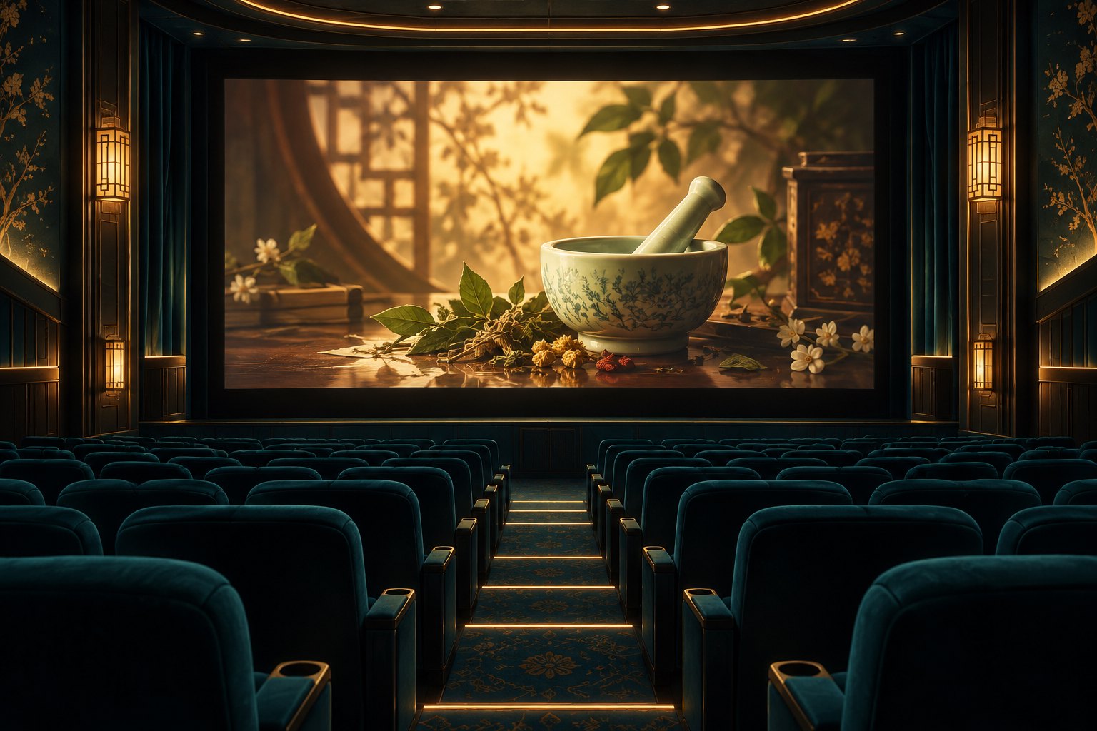 Conceptual illustration of an empty teal-seated movie theater with a mortar, pestle, and medicinal leaves on its glowing screen.