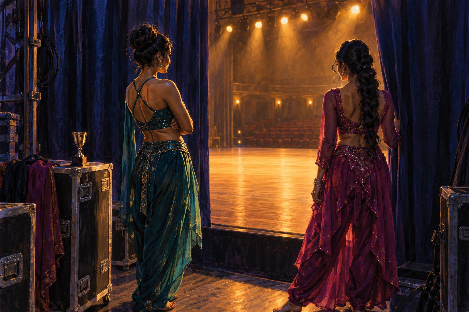 Conceptual illustration of two dancers standing apart backstage beside a trophy and an illuminated stage.