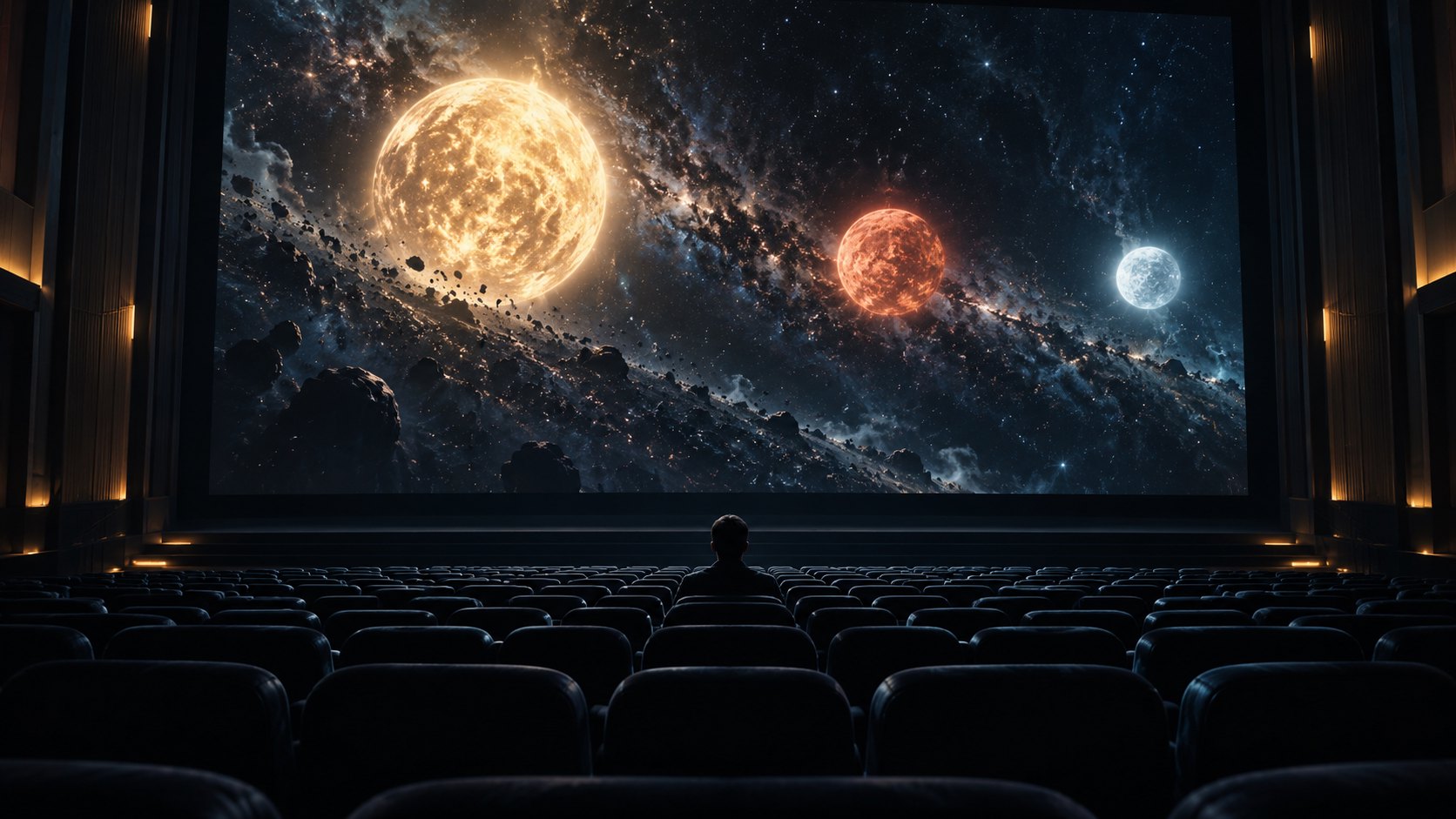 概念插畫：一名觀眾坐在幽暗戲院中，凝望映有星空與三顆發光天體的大銀幕