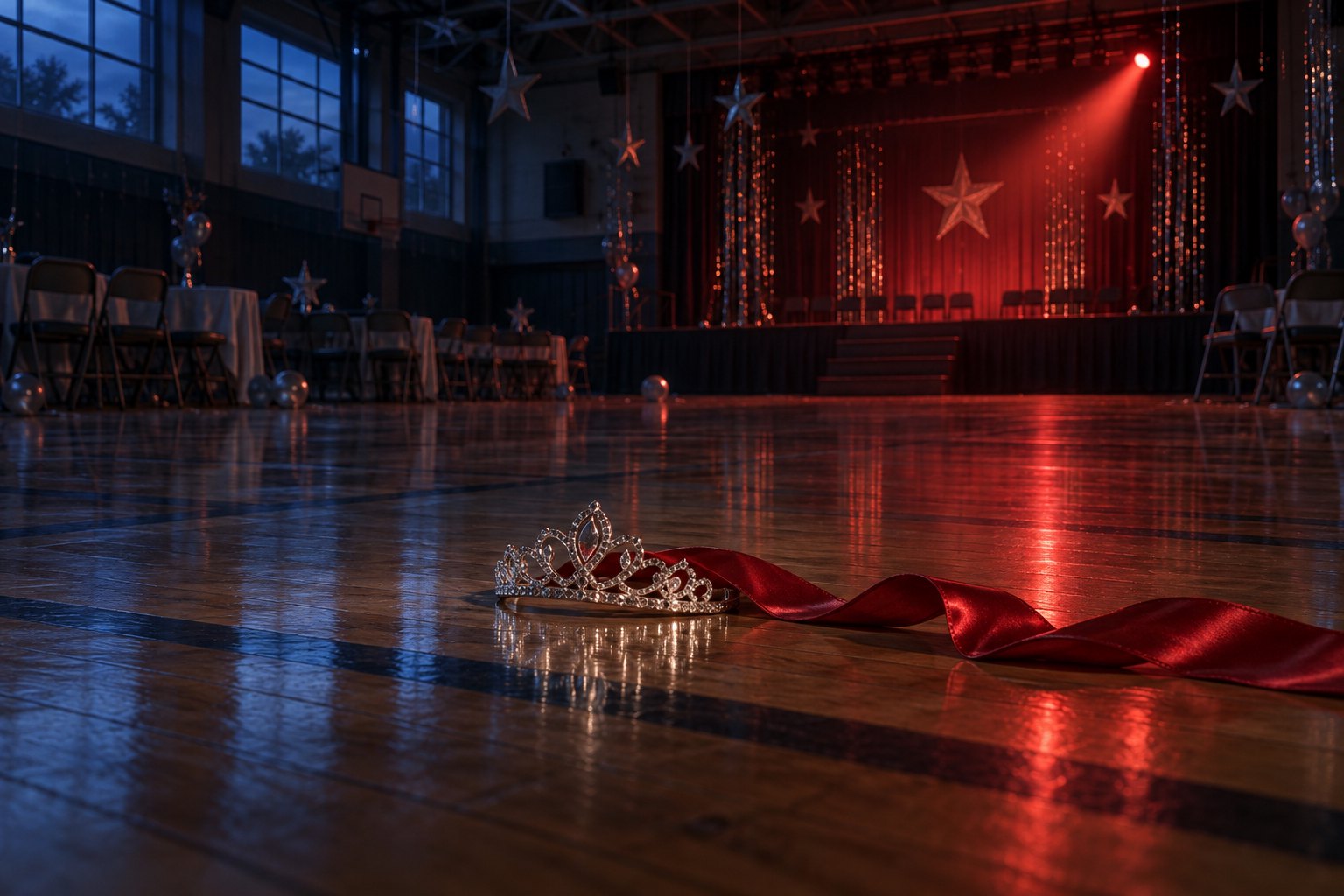 An original illustration of a silver tiara and red ribbon on the floor of an empty prom gym under blue and red light.