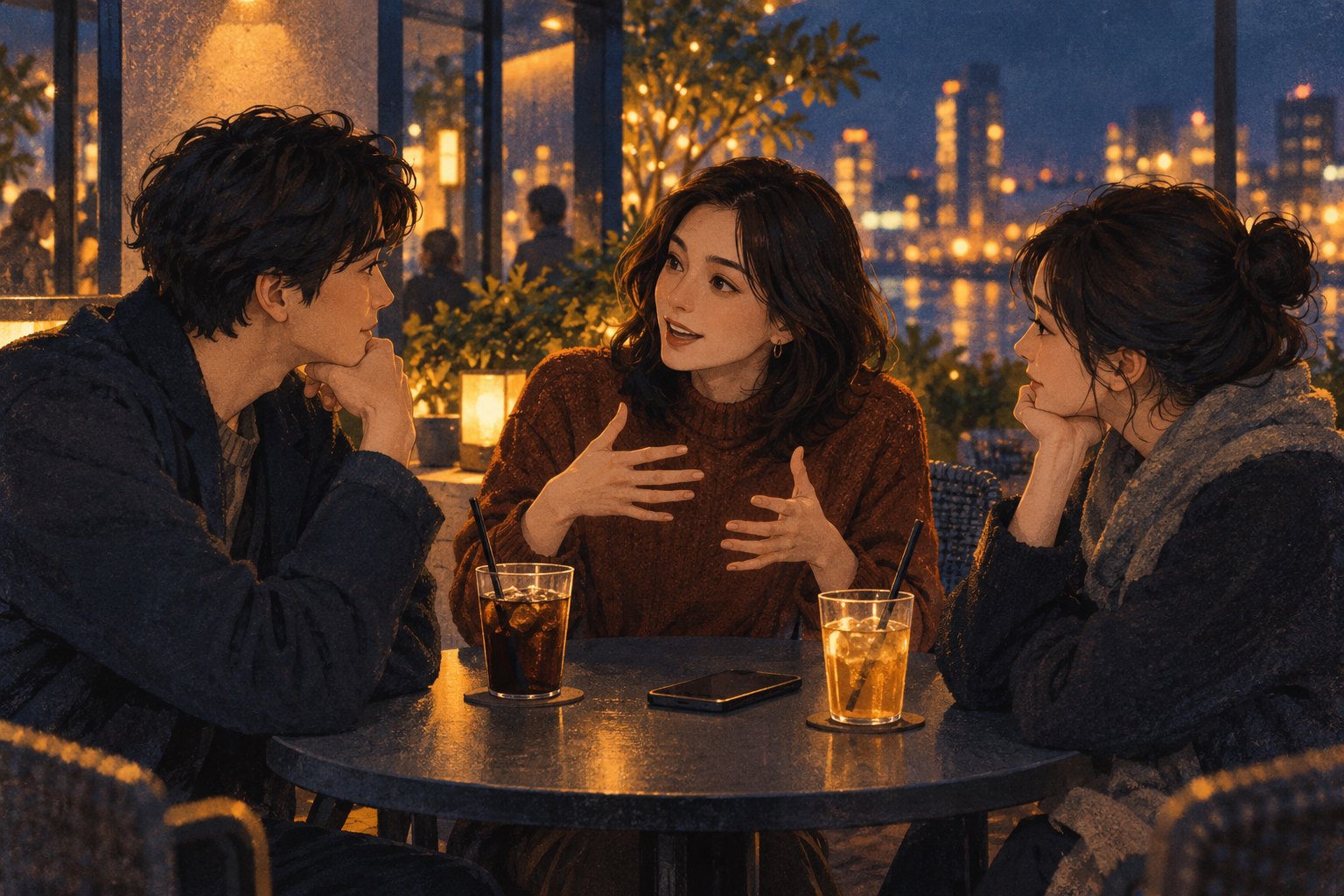 夜晚的休息区里,三位朋友围坐圆桌交流观影感受,桌上放着饮料和手机