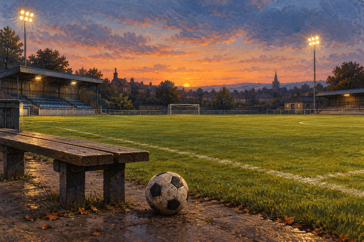 Painterly illustration of a football beside a wooden bench overlooking an empty stadium at sunset.