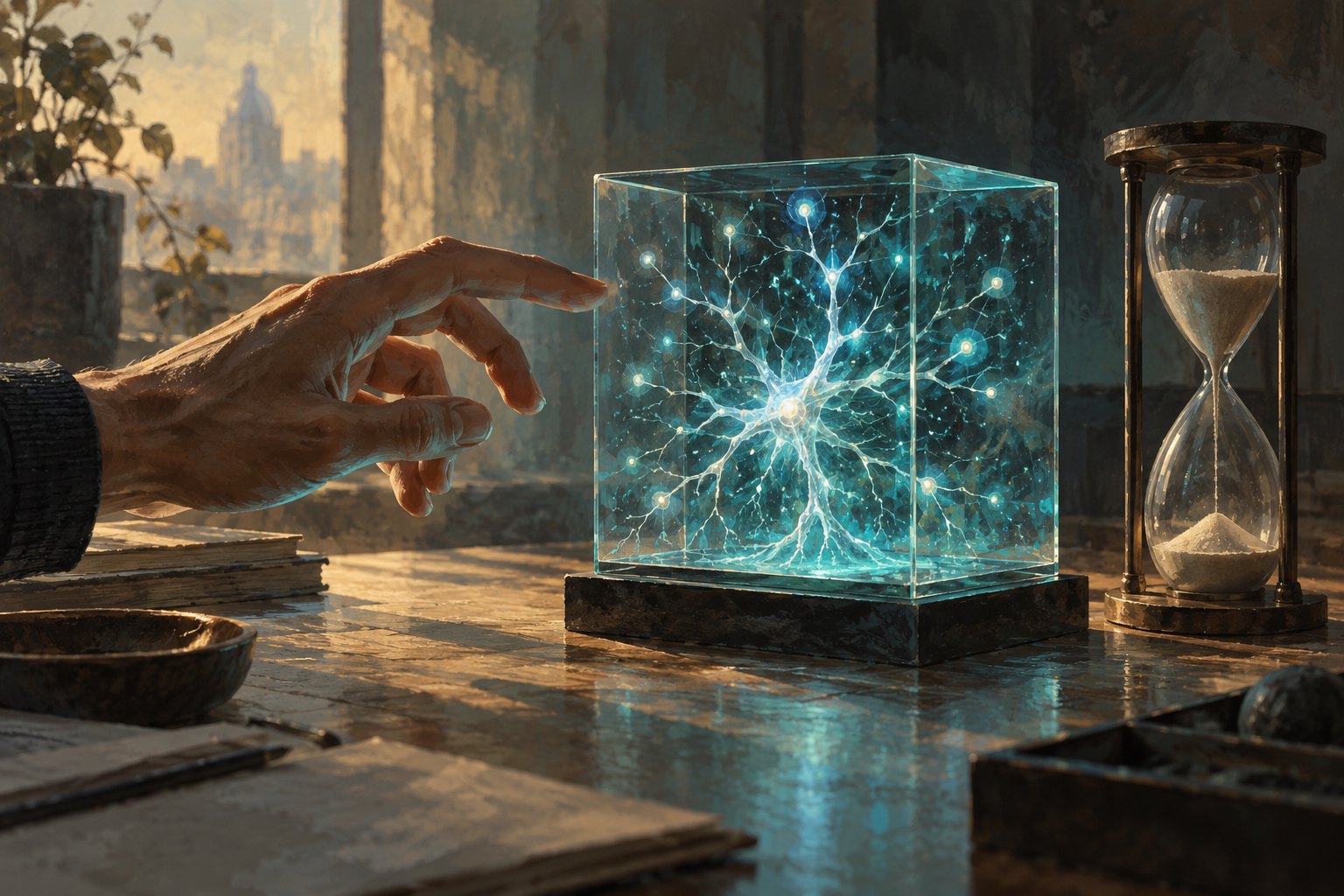 Concept illustration of a hand reaching toward a glowing neural network inside a glass cube beside an hourglass.
